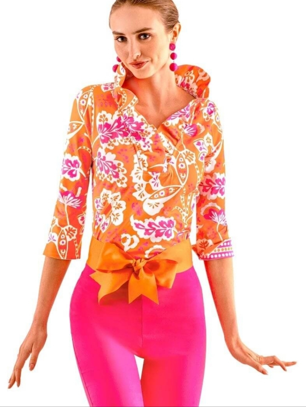 Gretchen Scott Flora Ruffle Neck 3/4 Sleeve Top In Orange & Pink